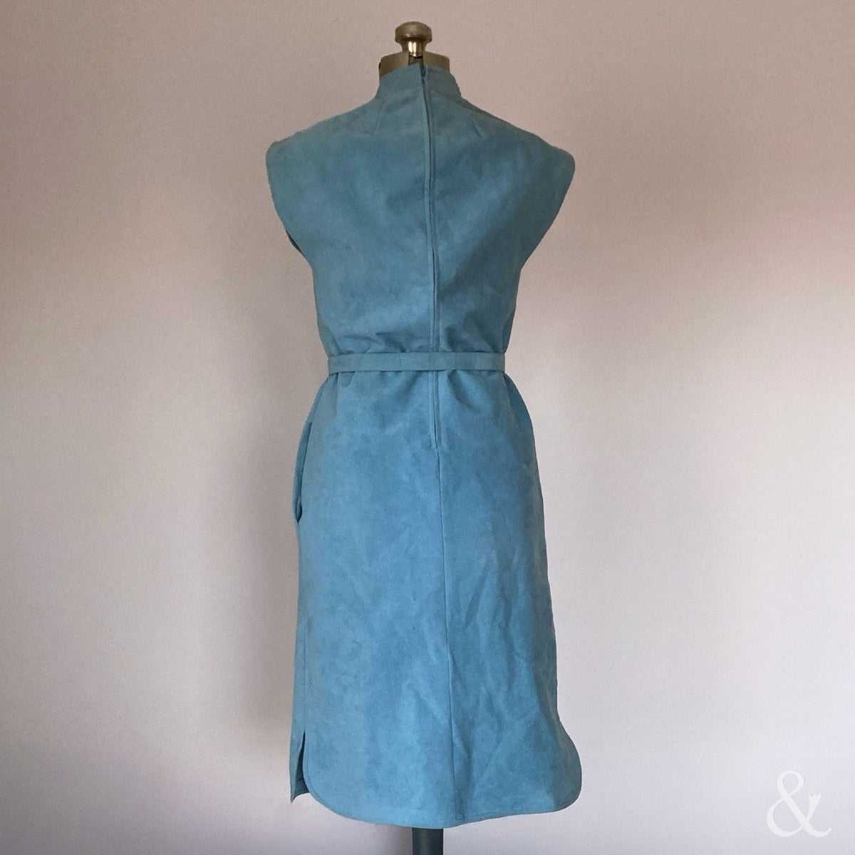 Vintage Turquoise Blue Faux Suede Midi Dress Belted Sleeveless Mod Western