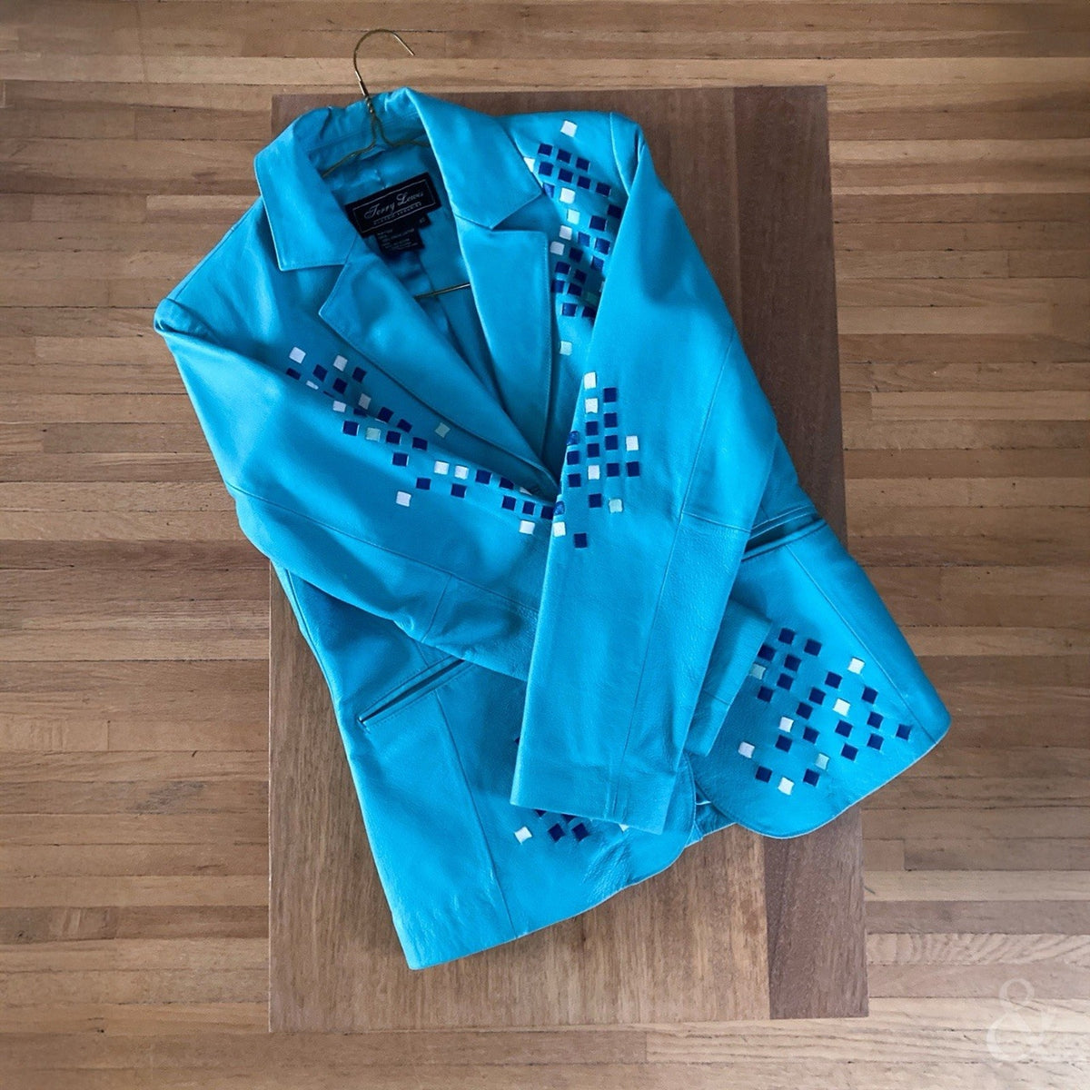 Vintage Jerry Lewis Turquoise Blue Leather Blazer Jacket Embellished Western Y2K
