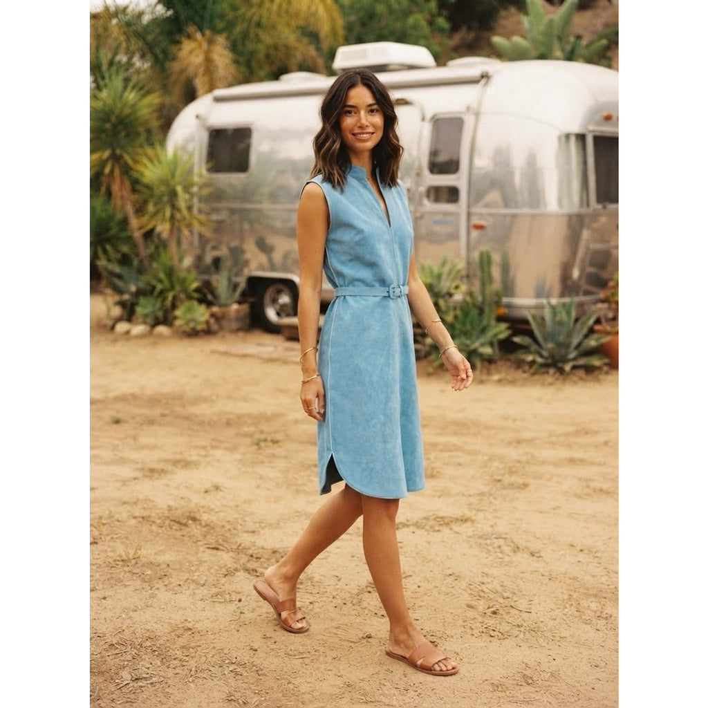 Vintage Turquoise Blue Faux Suede Midi Dress Belted Sleeveless Mod Western