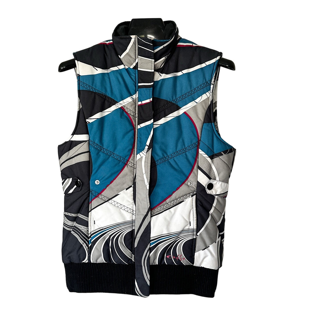 Oakley Women’s Medium Y2K Graphic Puffer Vest Blue Black Gray Ski Snowboard
