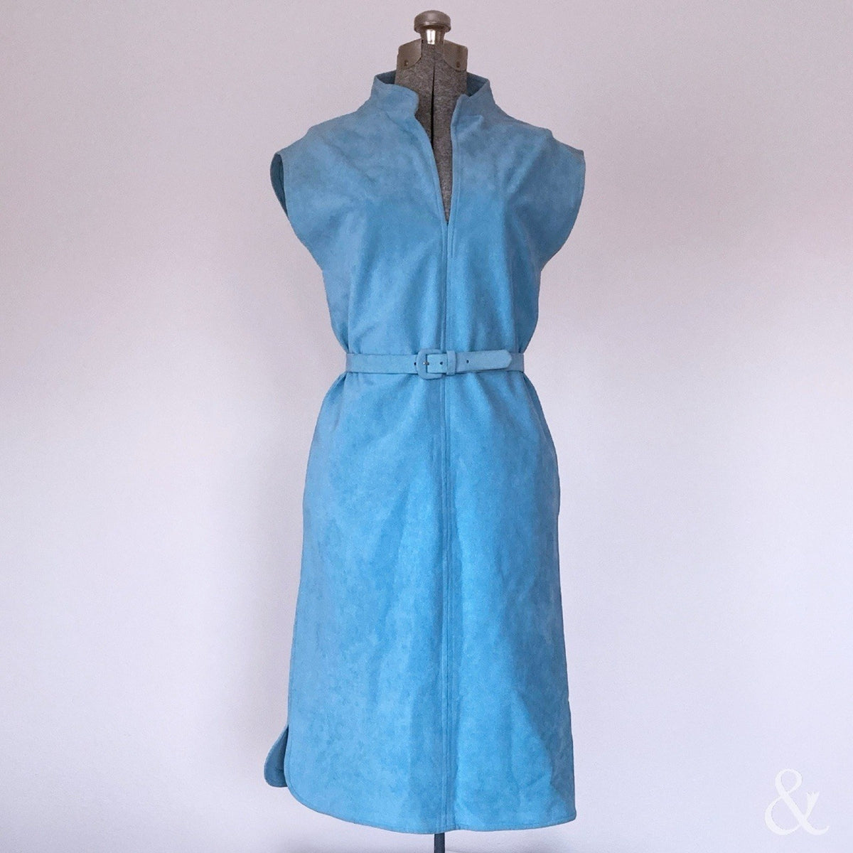 Vintage Turquoise Blue Faux Suede Midi Dress Belted Sleeveless Mod Western