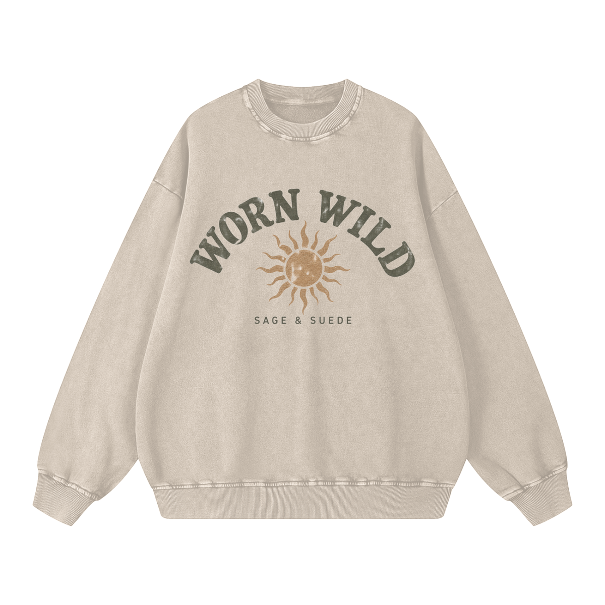 A beige crewneck sweatshirt with a distressed graphic on the front that reads 'WORN WILD' in dark greenish-gray above a tan sun illustration and 'SAGE & SUEDE' underneath, shown on a plain white background.