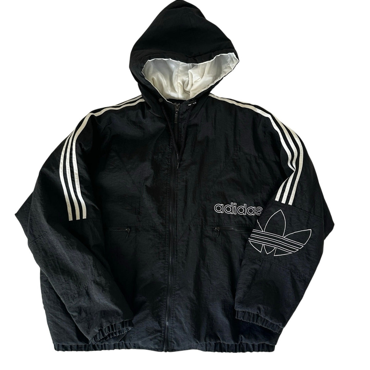 Vintage Adidas Men’s Large Black Puffer Jacket Trefoil Hooded 90s