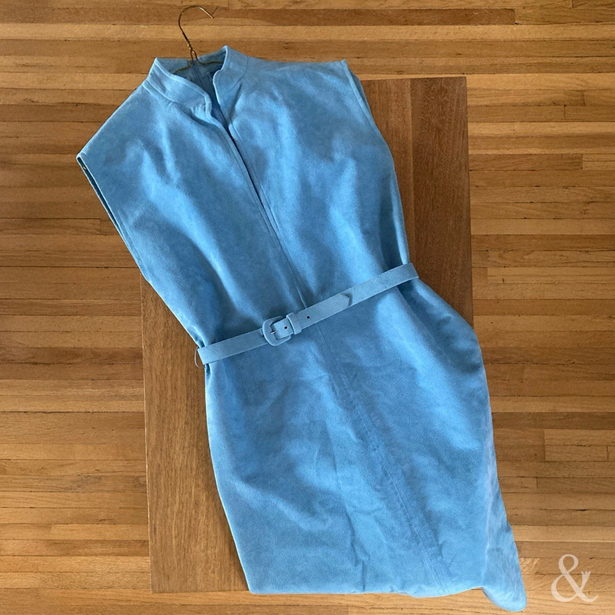 Vintage Turquoise Blue Faux Suede Midi Dress Belted Sleeveless Mod Western