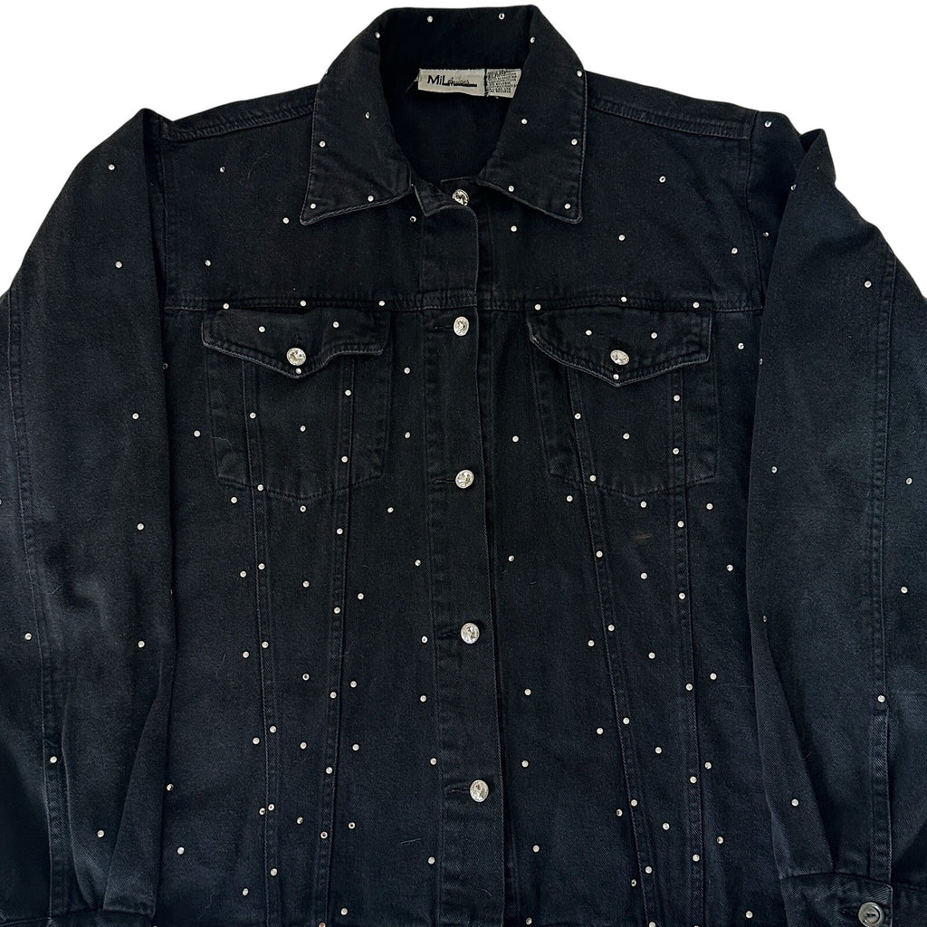 Vintage Mili Designs Black Rhinestone Denim Jacket Women’s Large Y2K Western