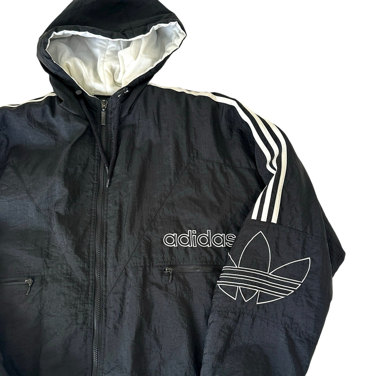 Vintage Adidas Men’s Large Black Puffer Jacket Trefoil Hooded 90s