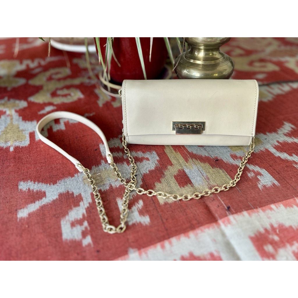 Zac Posen Women’s Leather Small Crossbody Bag in Ivory with detachable strap.