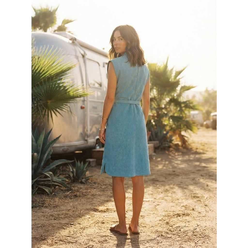 Vintage Turquoise Blue Faux Suede Midi Dress Belted Sleeveless Mod Western